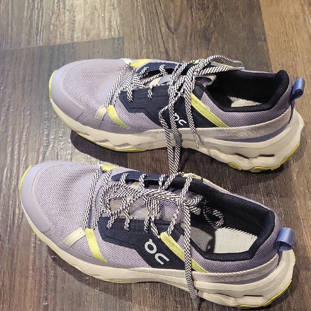 On Running Women’s Lavender and Navy Cloud Sneakers with Yellow Accents